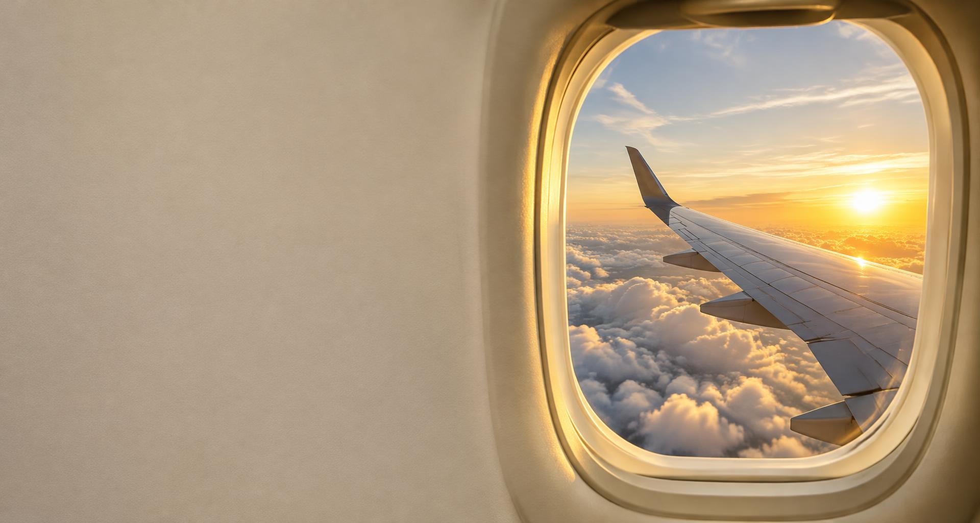 Sunset over the clouds through an airplane window